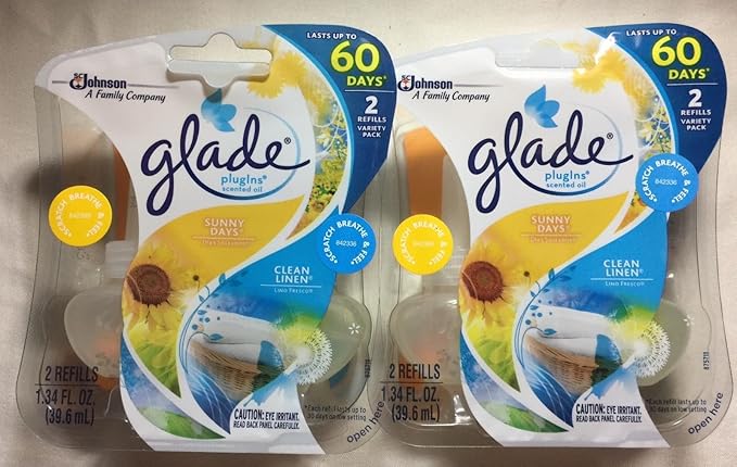 4 GLADE PLUGINS SCENTED OIL REFILLS 2 CLEAN LINEN / 2 SUNNY DAYS SEALED PACKS