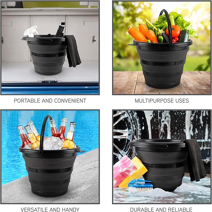 SIMPLEMADE Collapsible Bucket Cleaning Set - Includes 2 Foldable Buckets Spray Bottle Rag Scrubbing Brush and Sponge - Holds Up to 10 liters Easy Storage All-Purpose Cleaning Solution