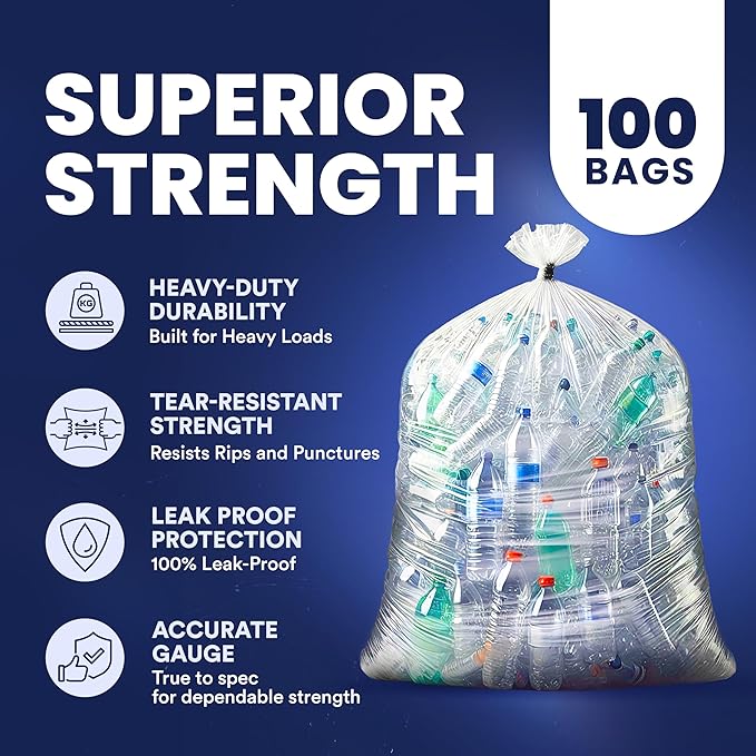 Plasticplace 55-60 gallon Trash Bags │ 1.2 Mil │ Clear Garbage Can Liners │ 38” x 58” (100Count)
