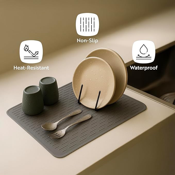 Restaurantware Comfy Grip 23 x 18 Inch Extra-Large Countertop Drying Mat 1 Food-Grade Dish Drainboard - Ribbed Design And Raised Sidewalls Waterproof Gray Silicone Draining Pad Dishwashable