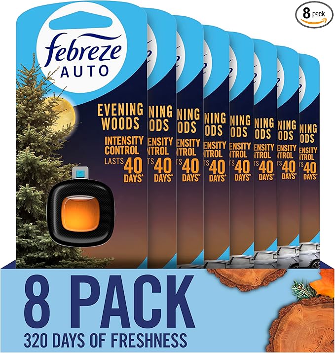 Febreze AUTO Air Freshener Odor-Fighting Automotive Vent Clip Evening Woods Scent 8 Count