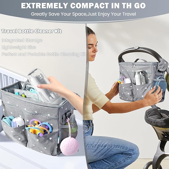 IvyWind Electric Travel Baby Bottle Brush Set with Storage Box Automatic Bottle Cleaner Brush Kit with Silicone Bottle/Nipple/Straw Brush Milk Frother Electric and Drainage Rack Rechargeable Gray