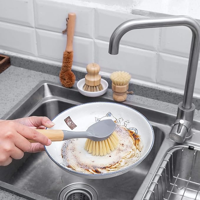 Natural Bamboo Dish Brush Bottle Scrub Brush 4-Piece Set with Ceramic Soap Dispenser - Wooden Washing Up Brushes with Sturdy Handles for Cleaning Dishes Pots Pans Gift Kit