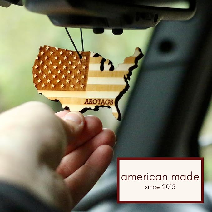 Arotags Reusable Wood Car Air Freshener Vanilla Lavender Scent USA Flag Design Hanging Diffuser with Fragrance Oil Refill