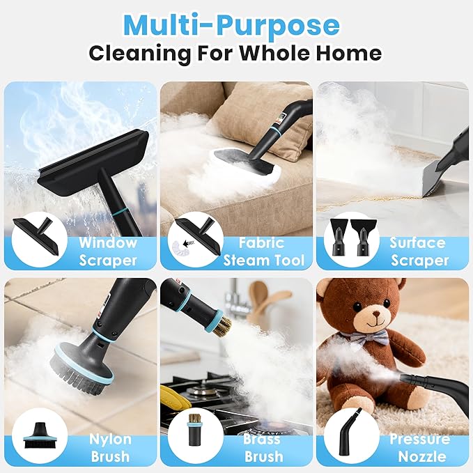 Steam Cleaner 6-Level Adjustable Steam 15s Heat-Up 1250ML Tank 7ft Extended Hose Portable Steamer for Cleaning with 18 pcs Accessories for Home for Dirt Grease Grout Tile Floor Car