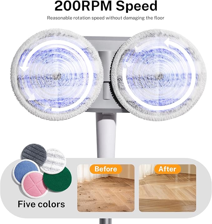 Cordless Electric Spin Mop with 220 RPM High Speed Motor for Hardwood Tile Laminate and Vinyl Floors with 4 Gray and 2 White Pads