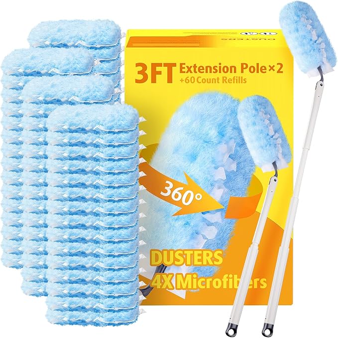 60 Count Heavy Duty Duster Refills with Two 3 ft Extendable Handle Starter Kit Compatible with Swiffer Disposable Microfiber Feather Dusters for Cleaning Home