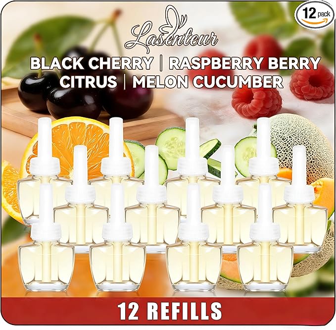 Plug In Air Freshener Refills Black Cherry Raspberry Berry Citrus &amp Melon Cucumber Scent For Home 12 Count Plug-In Fragrance Refill Compatible with Air Wick &amp Glade Not Include Glade Plu