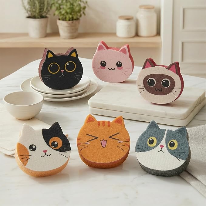 Bulimumu Kitchen Sponge Composite Swedish Dish Clothes Cute Cat Set Dual-Action Scrubber with Smart-Response Layer Non-Scratch Dishwashing Sponges(6 Pack)