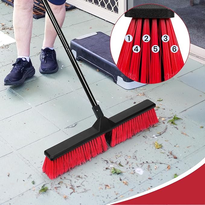 2PK 24 Push Broom Outdoor with 63 Long Handle and Stiff Bristles Heavy Duty Outdoor Broom Brush for Workshop Garage Concrete Patio and Deck Floor Sweeping
