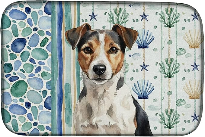Caroline's Treasures Tricolor Russell Terrier Coastal Sea Glass Dish Drying Mat Absorbent Dish Drying Mat Pad for Kitchen Counter Dish Drainer Mat for Countertop 14 x 21 Multicolor