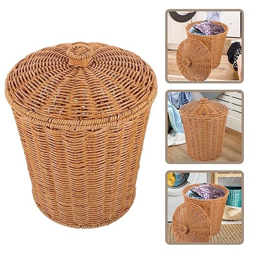 ABOOFAN Wicker Trash Can with Lid Bedroom Bathroom Trash Can Boho Woven Wicker Waste Basket Office Garbage Cans Rattan Storage Basket for Under Desk Dirty Clothes Container Flower Arrangement