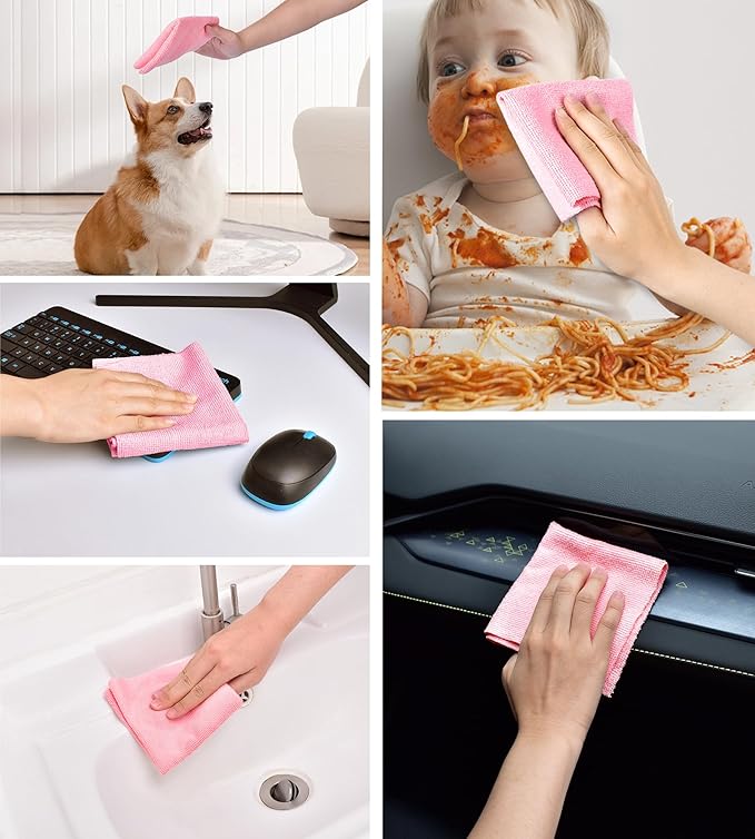 KitchLife Microfiber Cleaning Cloth Roll 100 Pack - Tear-Away Microfiber Paper Towels Lint-Free Reusable Washable for Kitchen Car Dishes and Sensitive Surfaces (Pink)