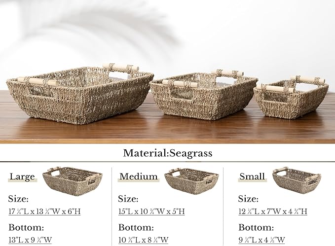StorageWorks Small Baskets for Shelf Seagrass Woven Basket with Wooden Handles for Gifts 2-Pack