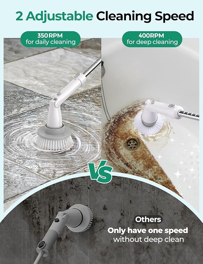 kHelfer Electric Spin Scrubber Kh8 Upgrade Cordless Shower Scrubber 8 Replacement Head 1.5H Bathroom Scrubber Dual Speed Shower Cleaning Brush with Extension Arm for Bathtub Tile Floor