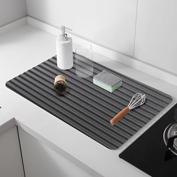 Stone Drying Mat for Kitchen CounterWavy Dish Drying Mat Instant Water AbsorptionFast Drynon-slipHeat-ResistantLarge Stone Drying Mat for Dishes and More (dark grey 23.6*15.3in)