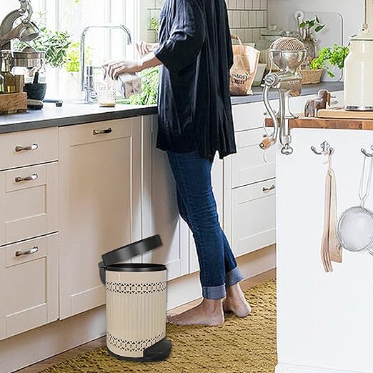 nu steel 5 Liter Round Small Metal Step Trash Can Wastebasket Garbage Container Bin - for Bathroom Powder Room Bedroom Kitchen Craft Room Office - Removable Liner Bucket - 8 x 8 x 12 – Ivory