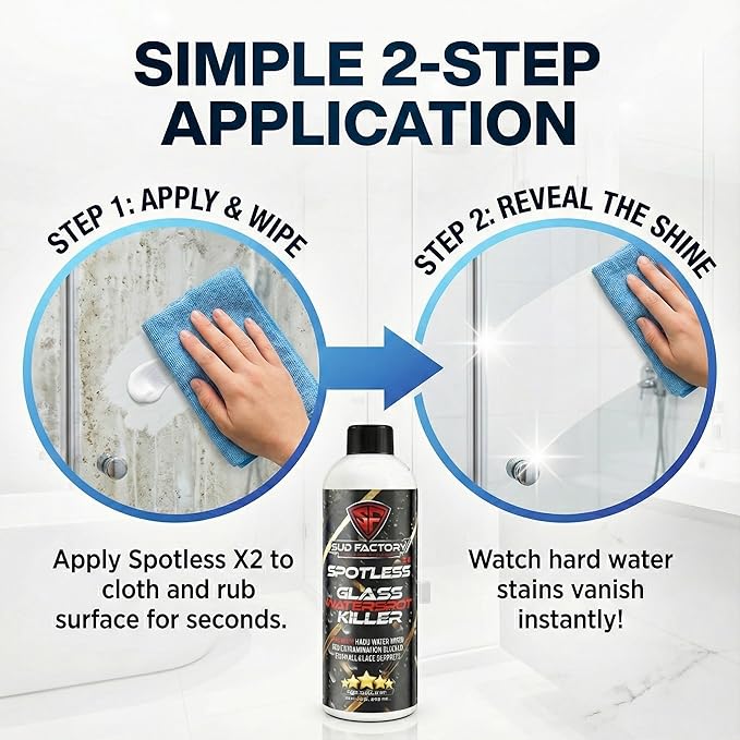 Sud Factory Hard Water Spot Remover for Glass Spotless X2 - Removes Water Stains from Shower Doors Car Windows Windshields - Professional Strength 16oz