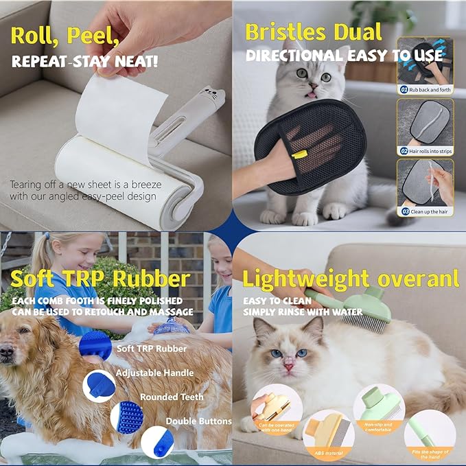 2026New 4-in-1 Pet Hair Removal Kit - Refillable Lint Roller + Self-Cleaning Deshedding Comb + Electrostatic Glove + Soft Rubber Bath Brush Multi-Surface Hair Remover for Cats/Dogs/Clothes/Yellow