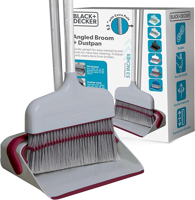 BLACK+DECKER Butler Broom &amp Dustpan Set - Stand-Up Design - Lightweight Space-Saving Combo for Kitchen Living Room Bathroom Lobby Floors - Home Cleaning Essential Light Gray/Burgundy