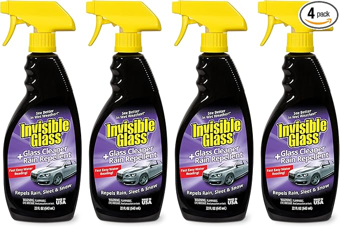 Invisible Glass 92184-4PK Glass Cleaner + Rain Repellent 2-in-1 Windshield and Window Spray Cleans Auto Glass Repels Rain Sleet Snow Improves Wet Weather Visibility – 22 fl oz (Pack of 4)