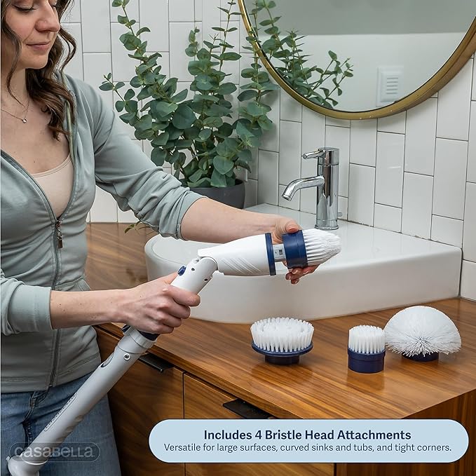 Casabella Power Spin Scrubber Extendable to 47.5” – Cordless Electric Cleaner for Shower Kitchen Bathroom Tile Tub Car Deck - Rechargeable Spin Brush with Adjustable Brush Head &amp 4 Attachme