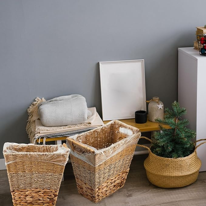 Mifoci 2 Pcs Wicker Trash Can with 50 Small Trash Bag Wicker Waste Woven Basket with Handles Clear Multi Use Garbage Bags for Bathroom Kitchen Bedroom(Multicolor)