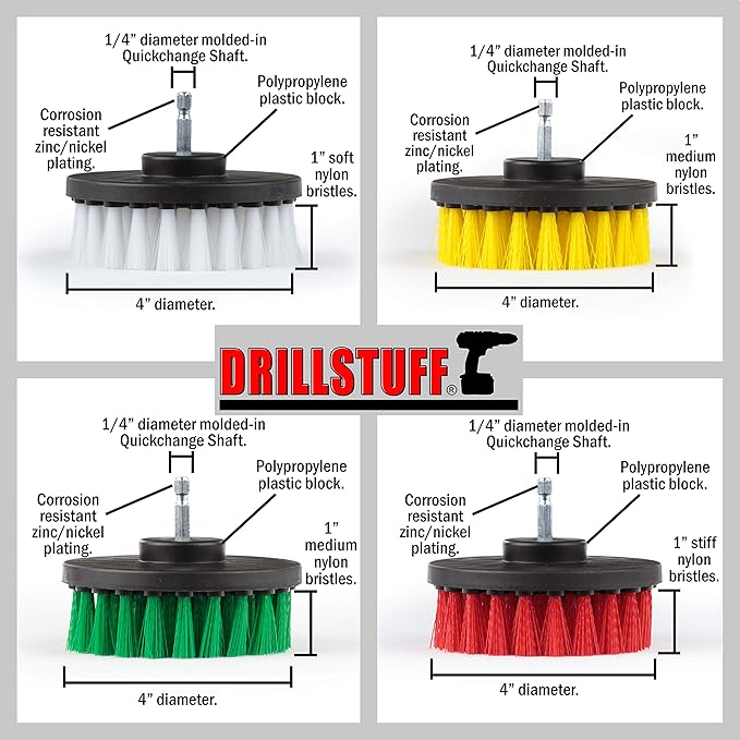 Drill Brush Attachment Power Scrubber Brush Set - 4in 4 Piece Soft Medium and Stiff Power Scrubbing Brushes Drill Attachment – Spin Brushes for Cleaning Showers Tubs Bathroom Tile Grout Carpet