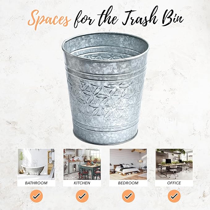 Autumn Alley Farmhouse Bathroom Trash Can Garbage Can Round Open Top Garbage Basket Bin for Home Office Rustic Trash Can Cute Decorative Wastebasket Rustic Bathroom Decor Galvanized