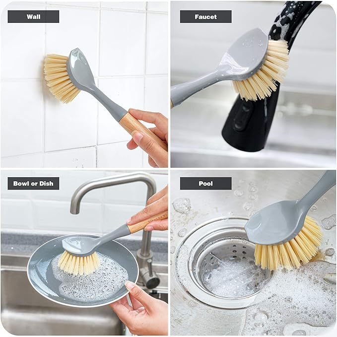 Natural Bamboo Dish Brush Bottle Scrub Brush 4-Piece Set with Ceramic Soap Dispenser - Wooden Washing Up Brushes with Sturdy Handles for Cleaning Dishes Pots Pans Gift Kit