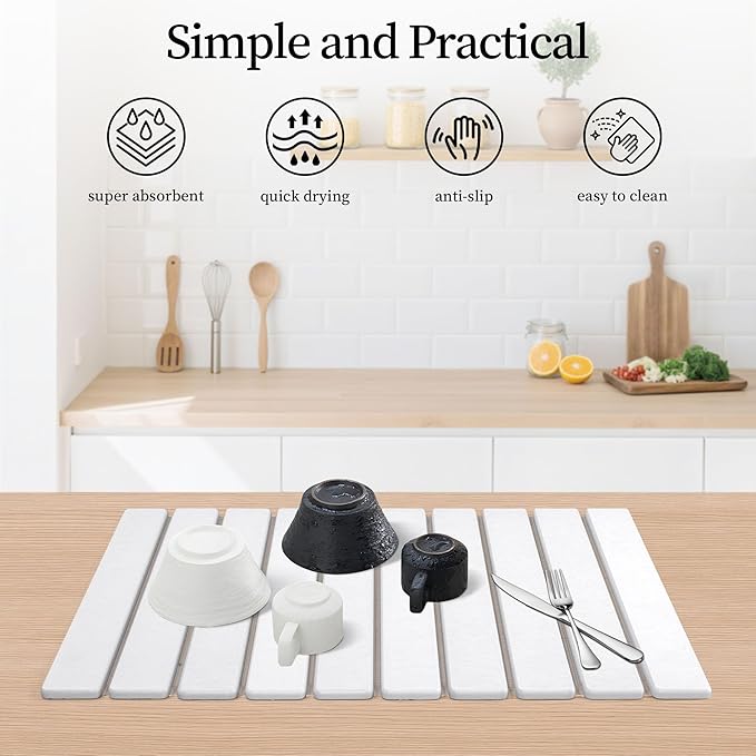 Stone Dish Drying Mat for Kitchen Counter 24x16 Inch Foldable Diatomaceous Earth Drying Mat for Kitchen Quick-drying Super Absorbent Heat-resistant for Sinks Cups Cutlery