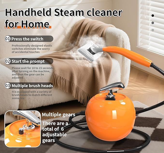 2000W Handheld Steam Cleaner 248°F High Temperature Multipurpose Steam Cleaners with 1500ml Tank 6 Adjustable Gear for Home Kitchen Grease Car Cleaning Orange