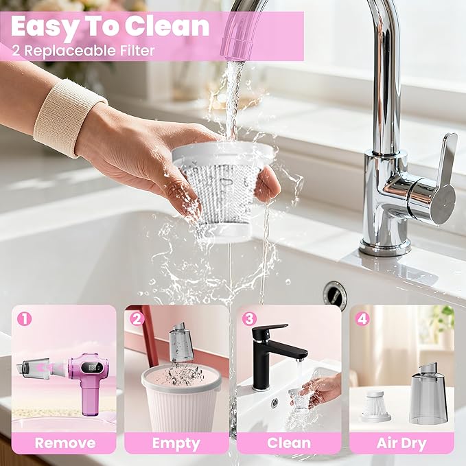 Pink Car Vacuum CleanerPortable Mini Cordless Small Handheld Vacuum Cleaner with LCD Display and Multi-Nozzles Powerful Hand Held Vacuums for CarPet HairHomeOfficeSofaKeyboard