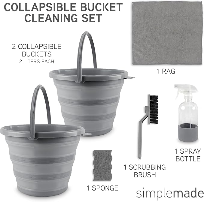 SIMPLEMADE Collapsible Bucket Cleaning Set - Includes 2 Foldable Buckets Spray Bottle Rag Scrubbing Brush and Sponge - Holds Up to 10 liters Easy Storage All-Purpose Cleaning Solution