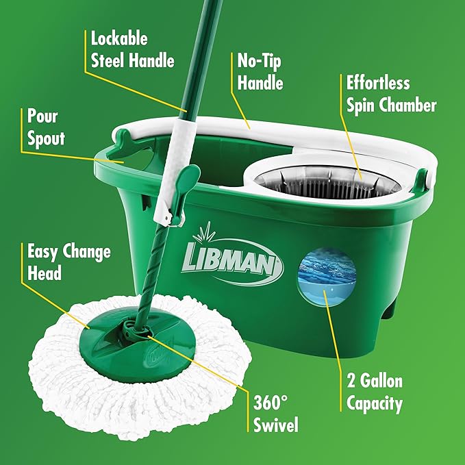 Libman Tornado Spin Mop System and 1 Refill Mop and Bucket with Wringer Set for Hardwood Floor Cleaning 2 Total Heads Included