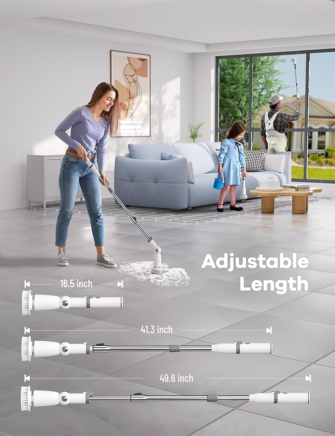 Electric Spin ScrubberFloor Shower Scrubber with Long Handle Power Scrubber Dual SpeedsCleaning Brush Cordless Scrub Brush with 3 Adjustable Angles8 Brush Heads for BathroomTile