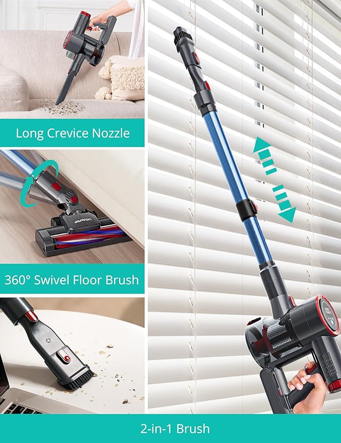 Aspiron Cordless Vacuum Cleaner Vacuum Cleaners for Home Powerful Suction with Large LED Touch Display Rechargeable Stick Vacuum LED Headlights Handheld Vacuum for Hard Floors Carpets Sofa Car