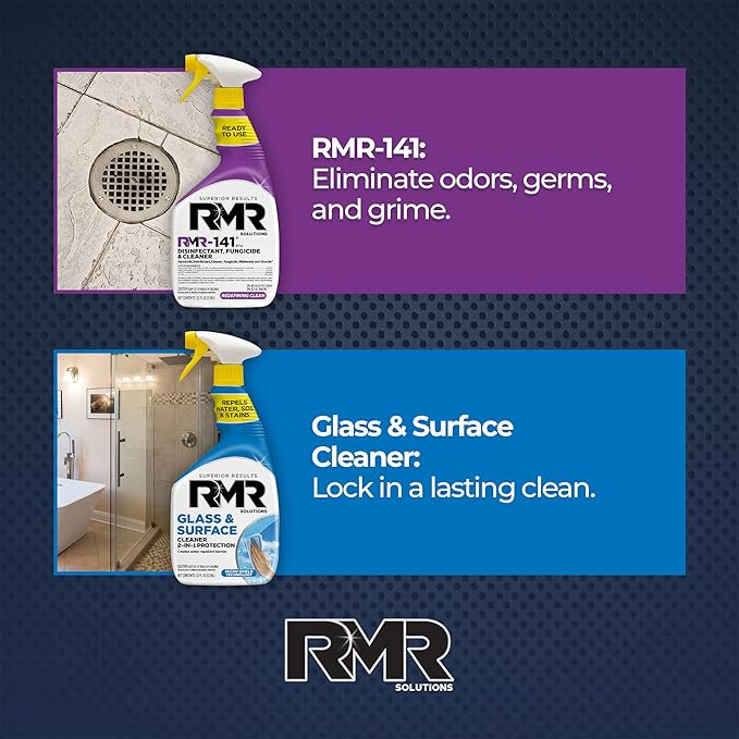 RMR Defend &amp Detail Duo – RMR-141 EPA Registered Mold &amp Mildew Spray + Glass &amp Surface Cleaner/Repellent 2-Step Clean &amp Protect System for Glass Tile Bathrooms Surfaces 2–32 Oz Bo