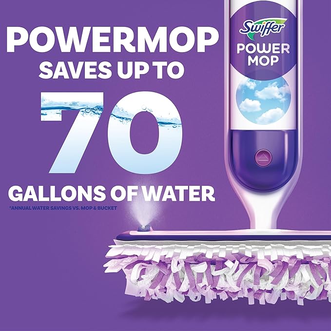 Swiffer Power Mop Wood Hardwood Floor Cleaner for Mopping Home Bathroom Kitchen All Purpose Multi-Surface Cleaning Set includes PowerMop Wood 2 Pads 1 QuickDry Lemon Solution &amp 2 Batteries