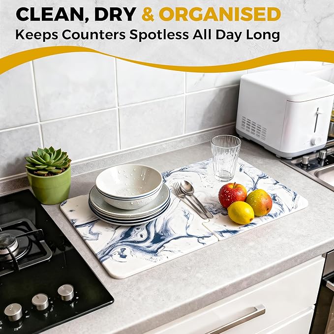 Stone Dish Drying Mat for Kitchen Counter Large 24 x 16 Quick Drying Diatomaceous Earth 2-Panel Countertop Mat Heat-Resistant Kitchen Stone Drying Mat