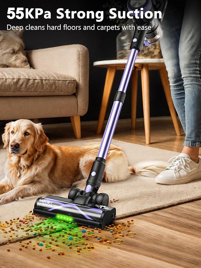 Cordless Vacuum Cleaner 55KPa/500W Stick Vacuum with 55 Mins Runtime Self-Standing Vacuum Cleaner for Home LED Display Anti-Tangle Brush Rechargeable Vacuum for Hardwood Floor Pet Hair (Purple)