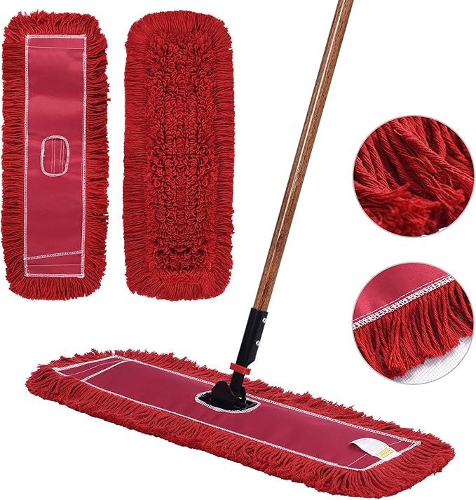 Matthew Cleaning 24'' Industrial Strength Cotton Dust Mop Refill Washable Replacement Heads for Residential &amp Commercial Use Fit Standard Dust Mop Frames HardwoodConcrete Floors Red 3 Pack