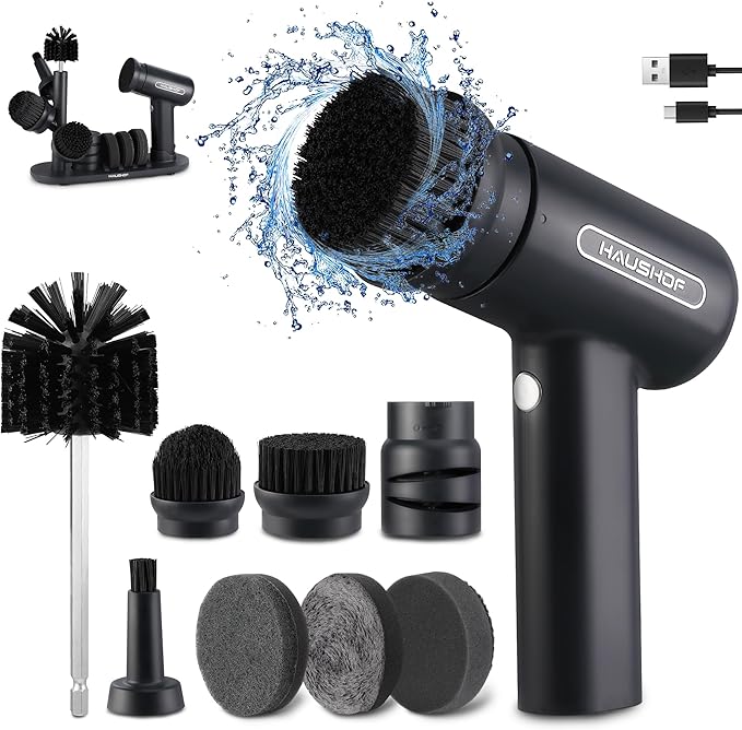 HAUSHOF Electric Spin Scrubber Cordless Dish Scrubber Brush with 8 Replaceable Heads &amp 3 Speeds Power Scrubber Electric Scrubber for Cleaning Kitchen Sink Bathroom Knife Sharpener Included