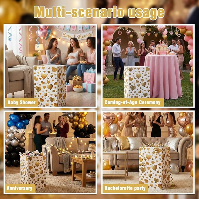 Tinlade 6 Pack 13 Gallon Golden Heart Disposable Trash Cans for Parties Extra Large Thick Waterproof Pop up Recycling Bins Foldable Garbage Bins for Wedding Baby Shower Birthday Party