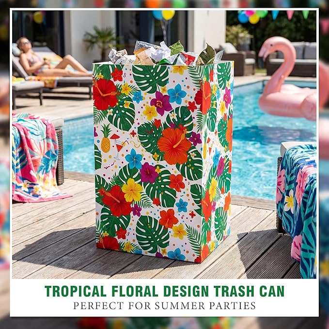 Tinlade 6 Pack 13 Gallon Tropical Disposable Trash Cans Extra Large Thickened Waterproof Reusable Garbage Bins Foldable Pop up Bins with Palm Leaves Hibiscus Flower for Summer Pool Beach Luau Party