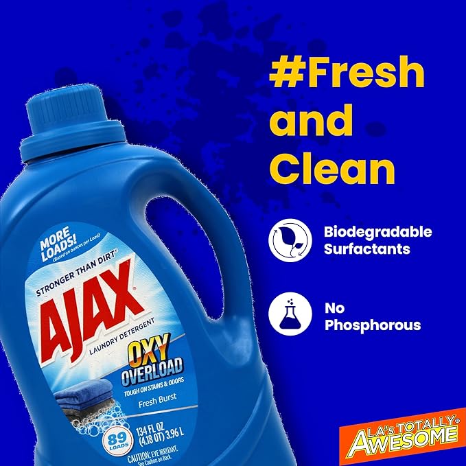 SOILOVE 1 Gallon Laundry Stain Remover &amp Ajax 134oz Oxy Overload Liquid Laundry Detergent – Ultimate Stain-Fighting &amp Freshness Duo for Tough Stains &amp Clean Clothes