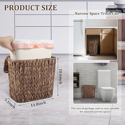 Wicker Trash Can with Lid and Liner Handwoven Wicker Waste Basket Water Hyacinth Bathroom Trash Can Boho Rattan Garbage Wastebasket for Bedroom Home Living Room Office 2.5 Gallon Espresso