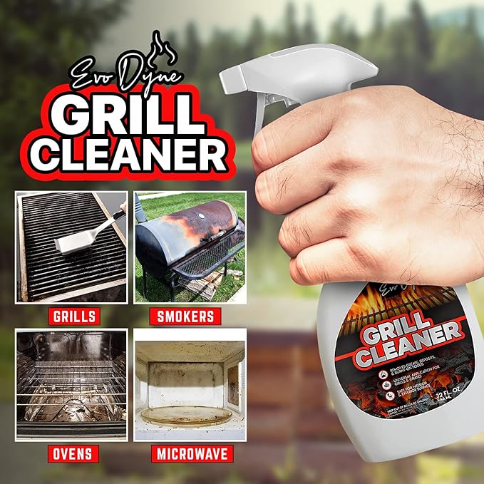 Evo Dyne Grill Cleaner Spray (32 oz) Made in USA - Quickly Cleans BBQ Burnt-on Foods and Grease from Grill Grates - Heavy Duty Fast-Acting Formula Less Scrubbing - Food Safe Grill &amp Oven Degrea