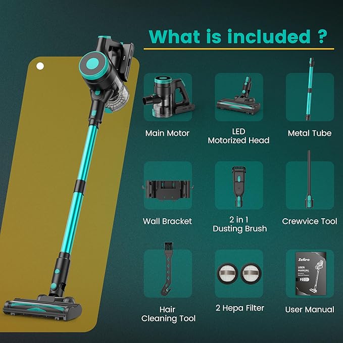 Zefiro Cordless Vacuum Cleaner45Mins Runtime Vacuum Cleaners for Home Anti-Tangle and 1.5L Dust Cup Lightweight Vacuum for Hardwood Floor Carpet Pet Hair