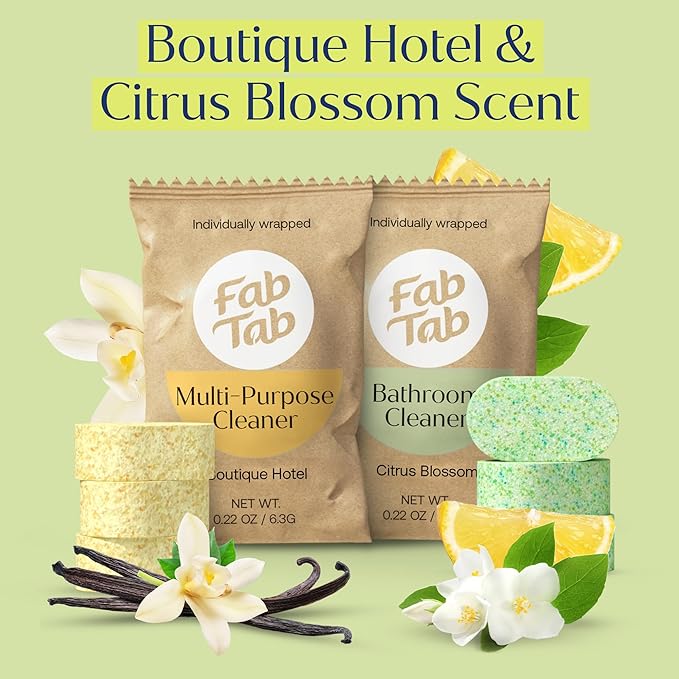 Fab Tab Tablet Cleaner Multi-Purpose &amp Bathrom Cleaner for Eco-Concious Cleaning Non Harmful &amp Chemical-Free Formula Convenient Refills with 2 Glass Bottles Luxury Hotel Scent (6 Refill Ta